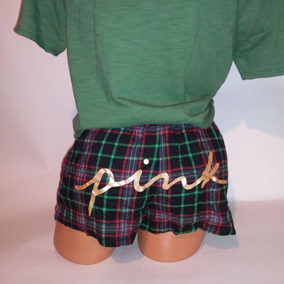 Victoria Secret PINK Pajama Set Short Sleeve & Shorts XS Green Black Red Logo Pl - Picture 8 of 13